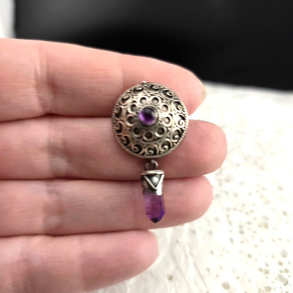 Vintage Sterling Silver 925 Pendant Amethyst Gemstone & Dangling Charm Domed - Picture 2 of 9